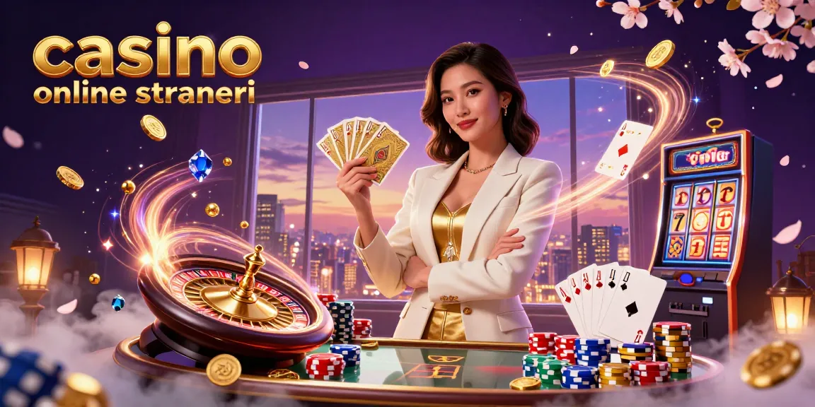 Scopri i casinò online stranieri con una stilosa donna d'affari asiatica tra elementi del casinò come carte e monete.