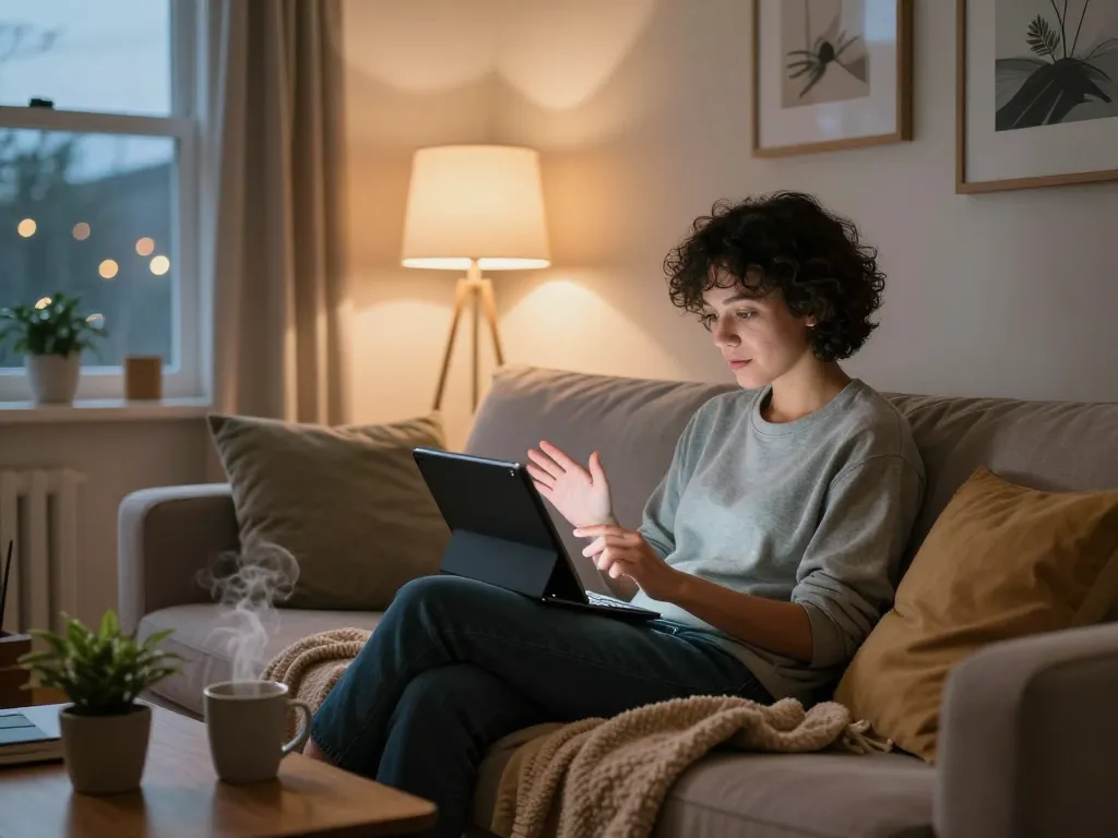 Engaging in playful nsfw ai chat on a cozy couch in a warmly lit room