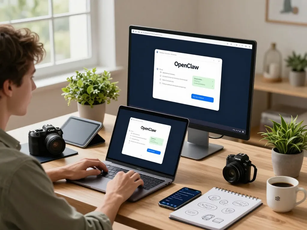 User deploying the openclaw personal AI assistant in a modern home office workspace with sleek tech setup.