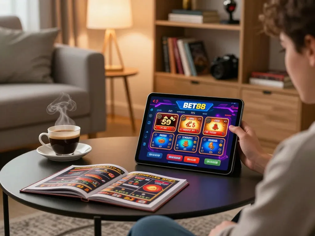 Bet88 brand gaming scene with person using tablet app for online casino action in a cozy living room.