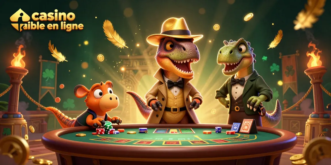 Jouez dans un casino fiable en ligne avec une scène de jeu animée contenant un velociraptor et un stégosaure