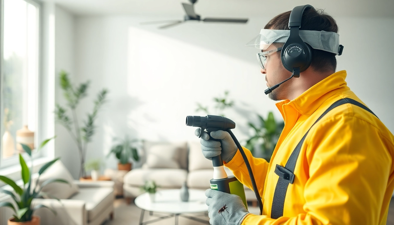Performing safe indoor pest spray service effectively in a bright living room.