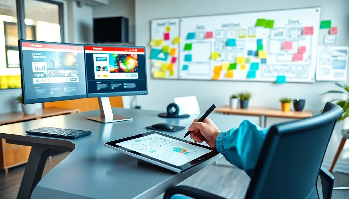 Dynamic workspace of a web design company featuring design tools and creative materials.