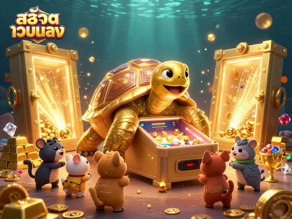 Engage with สล็อตเว็บตรง in this vibrant 3D casino scene featuring a tortoise pinball machine surrounded by treasures.