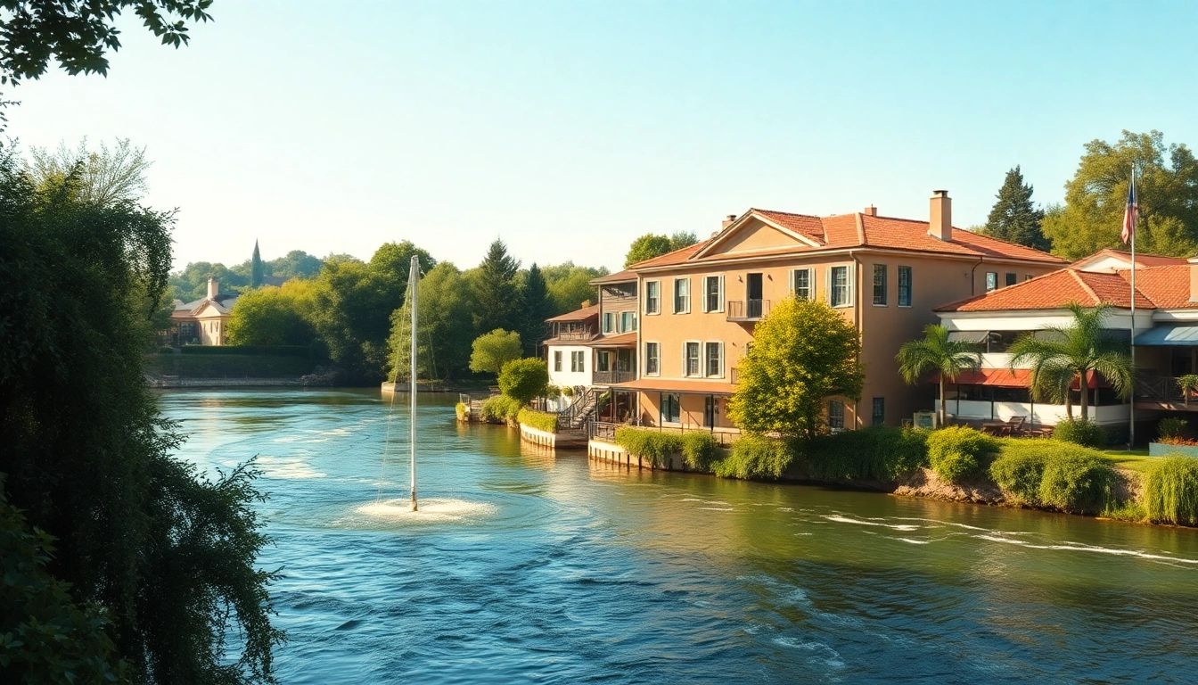 Scenic riverside view in Clarksburg California with historical architecture and vibrant greenery.