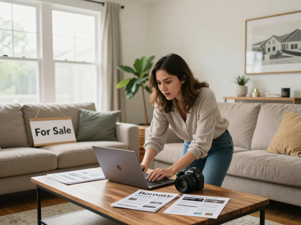 Homeowner preparing to sell house without realtor, surrounded by open house materials in a well-lit living room.