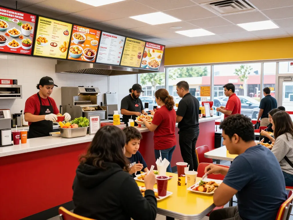 Fast food prices displayed prominently in a bustling restaurant scene with customers enjoying meals.