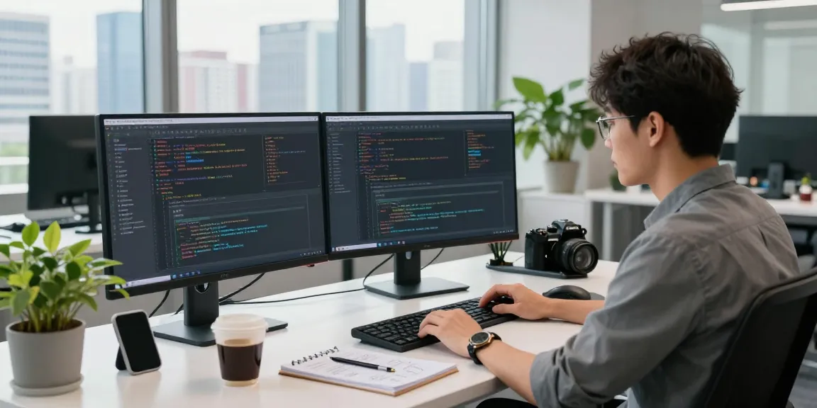 Developer coding Telegram中文版 interface in a modern workspace