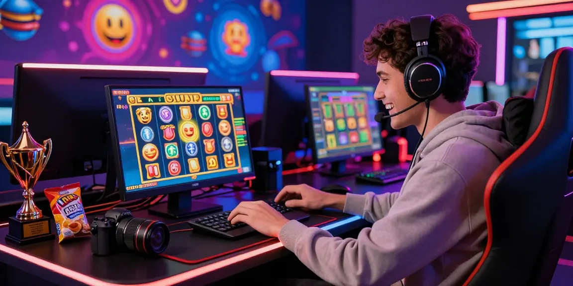 Engaging scene of a player immersed in slot online gaming at a modern desk, surrounded by vibrant elements.