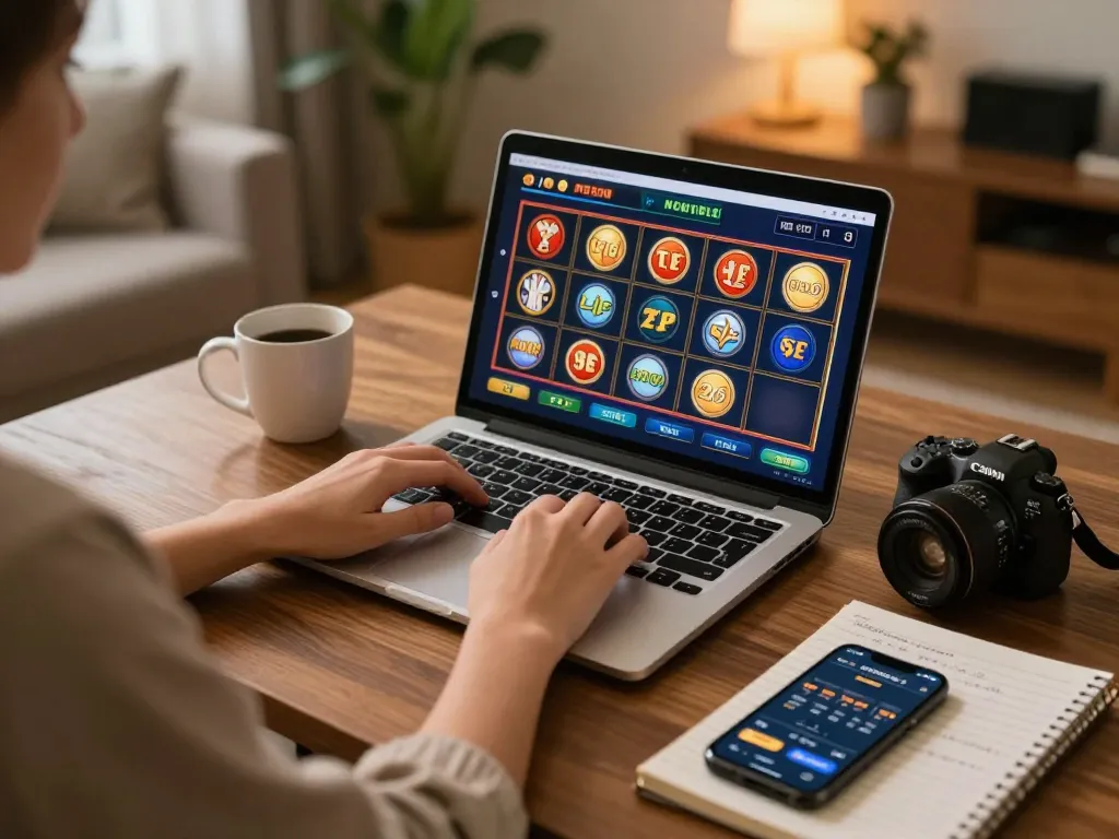 Player engaging in online slot bet gaming at home with strategy notes and drinks