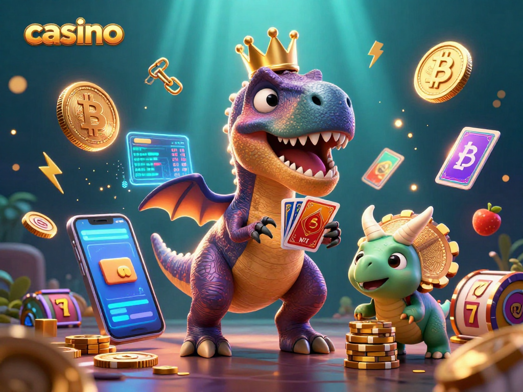 Engage in thrilling casino adventures with our animated T-Rex dealer, while chips and crypto coins surround him.