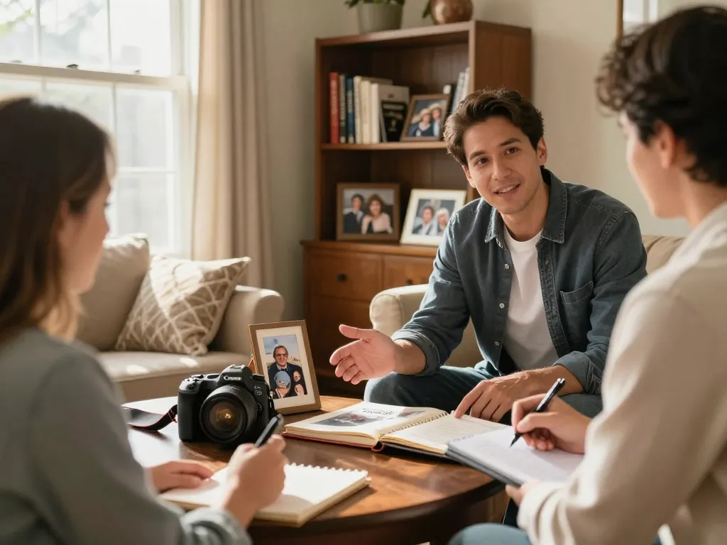 We buy houses scene with a professional cash home buyer discussing sale options in a cozy living room with a homeowner.