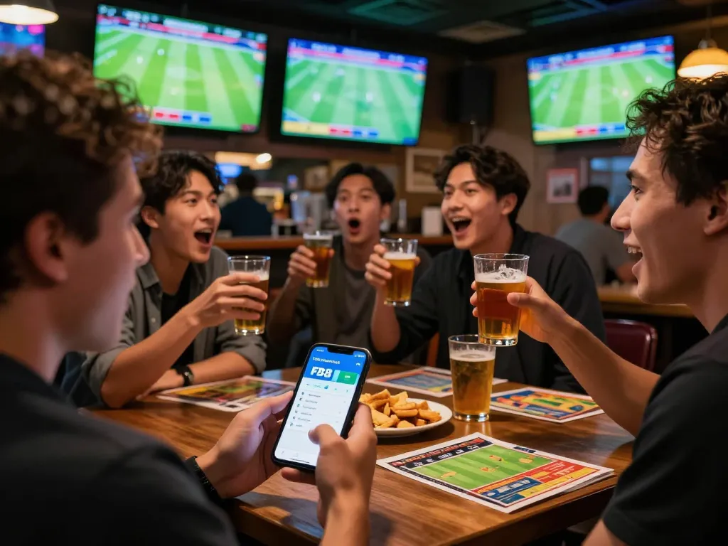 Active sports betting moment with fb88 kèo nhà cái app in use, showcasing excitement in a lively sports bar atmosphere.
