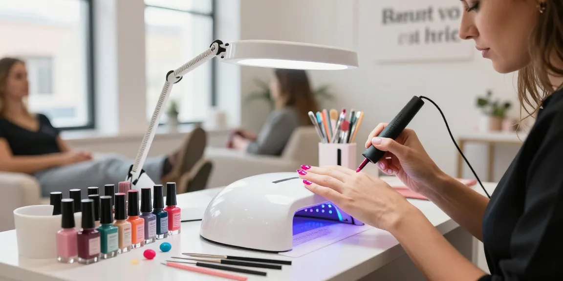Aplicarea ojei gel folosind o lampa UV LED unghii într-un salon de frumusețe vibrant.