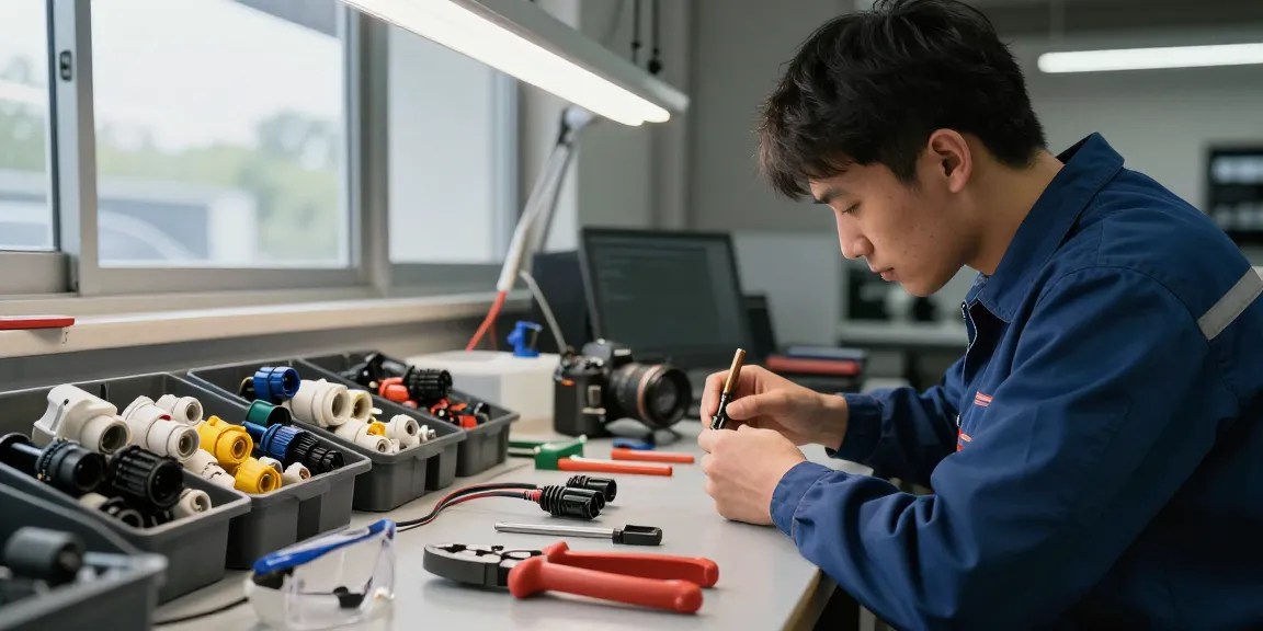 Automotive electrical connectors showcased on a technician's workbench, highlighting precision tools and organized parts, exemplifying quality in automotive manufacturing.