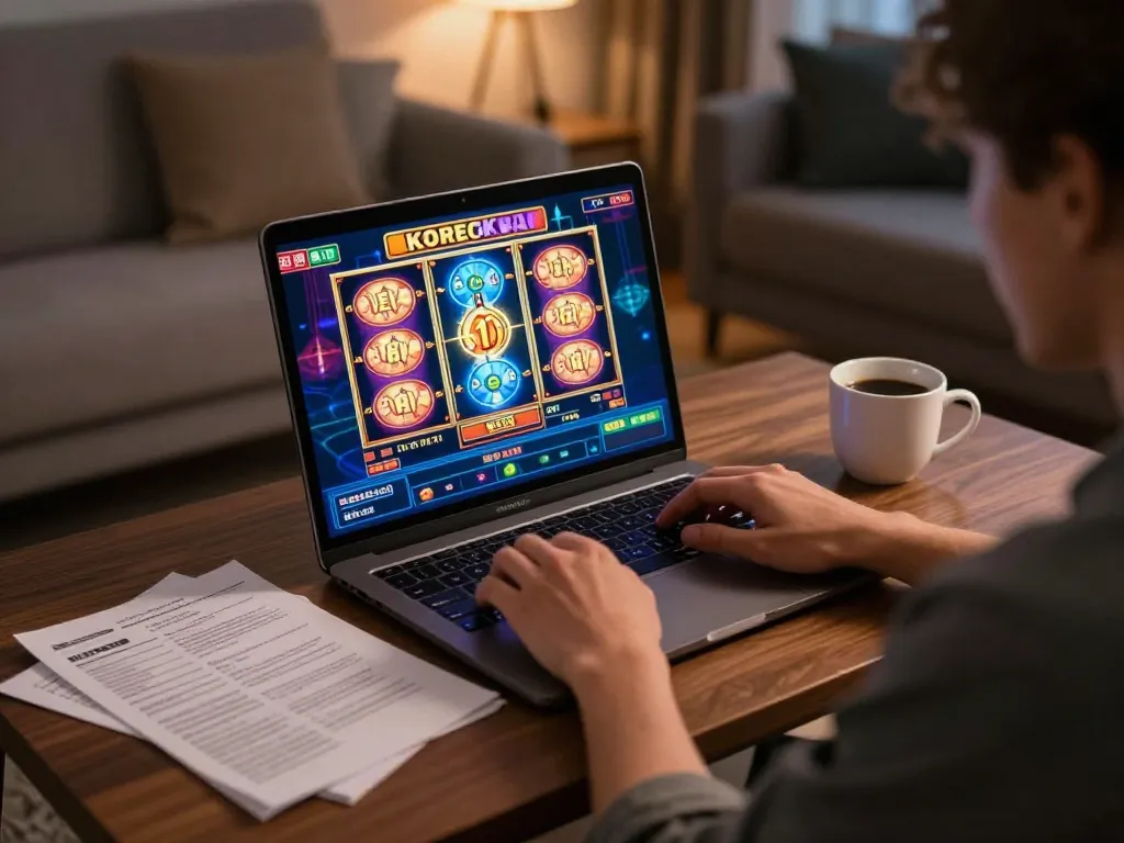 Engaging online gaming experience at https://n188.build/ during a cozy home setup, showcasing slot machine action.