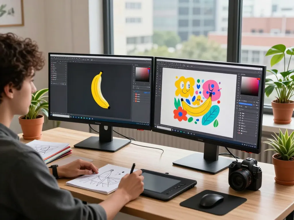 Dynamic graphic designer using nano banana AI image editor at a vibrant workspace