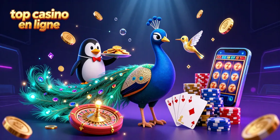 Le meilleur casino en ligne met en scène un paon aristocratique, un pingouin majordome et un colibri en or parmi des jetons et des pièces d'or.