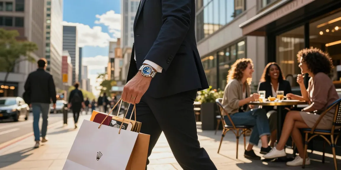 A fashionable individual showcasing a rolex replica watch in an urban lifestyle scene, exuding confidence and luxury.