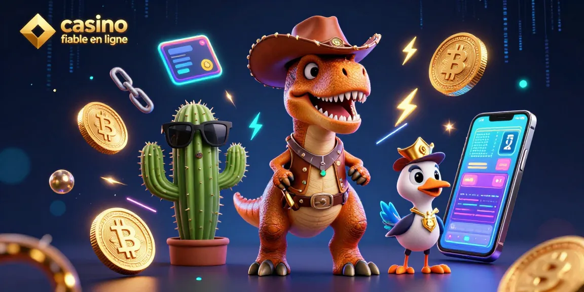 Découvrez le jeu dans un casino fiable en ligne avec un dinosaure cartoon et des crypto-monnaies scintillantes.
