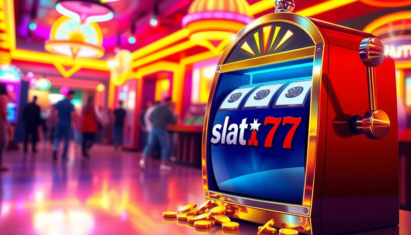 Play slot777 on an exciting slot machine amid a bustling casino environment.