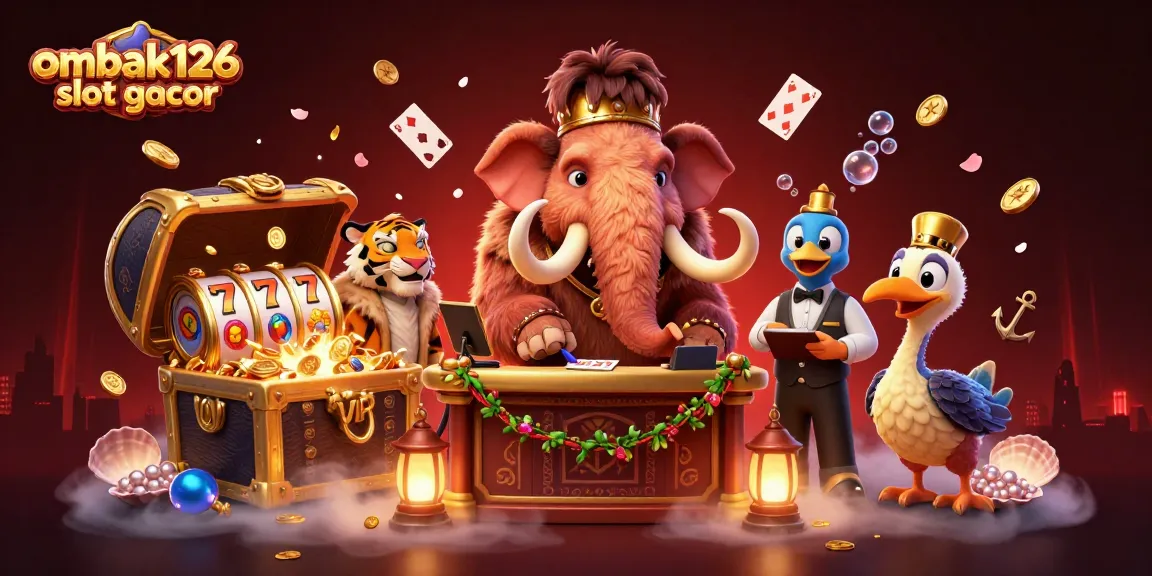 Experience ombak126 slot gacor with a vibrant casino scene featuring a woolly mammoth bouncer and slot machines.