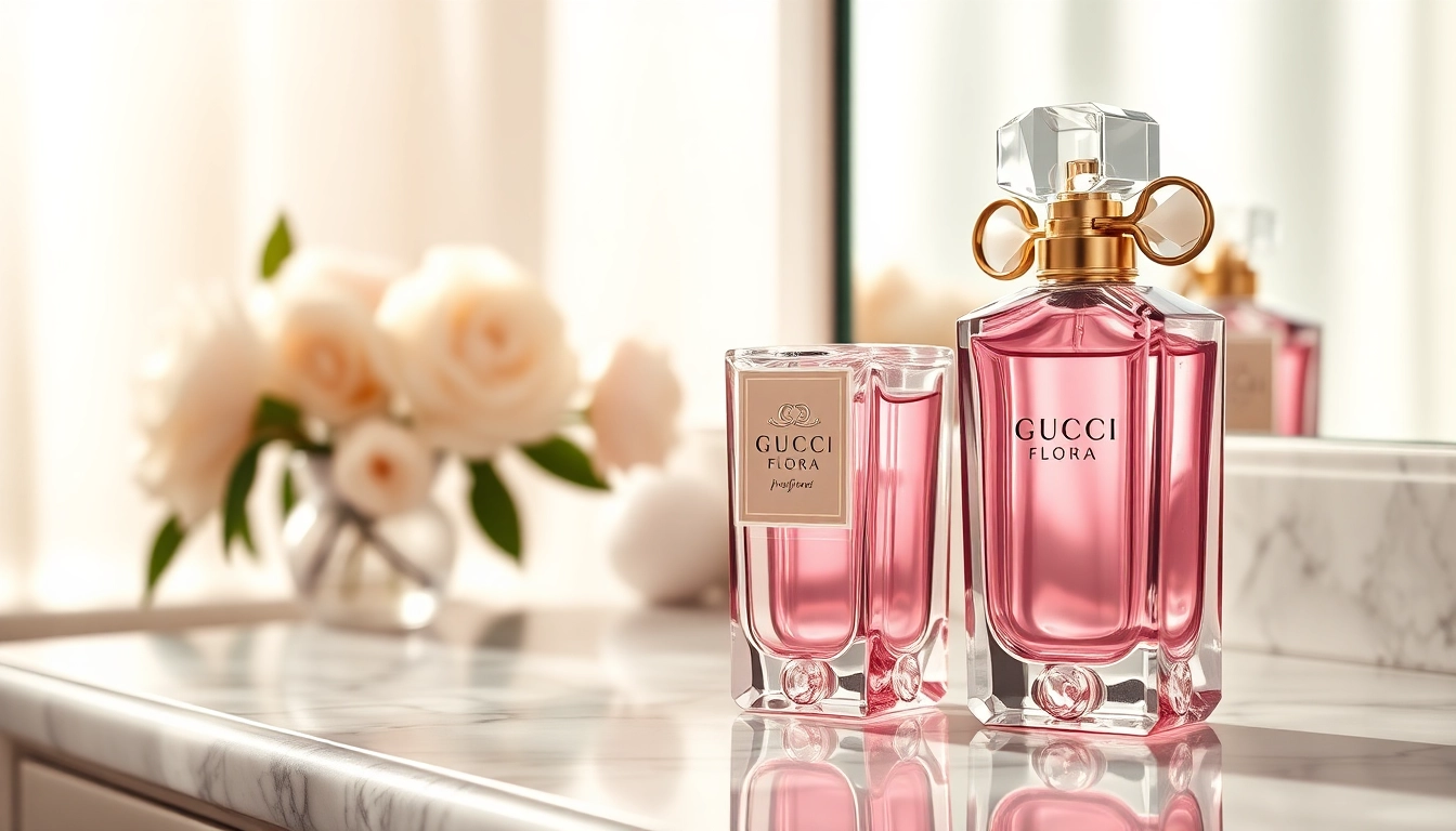 Admire the luxurious Gucci Flora perfume, showcasing its elegant design and floral elements.