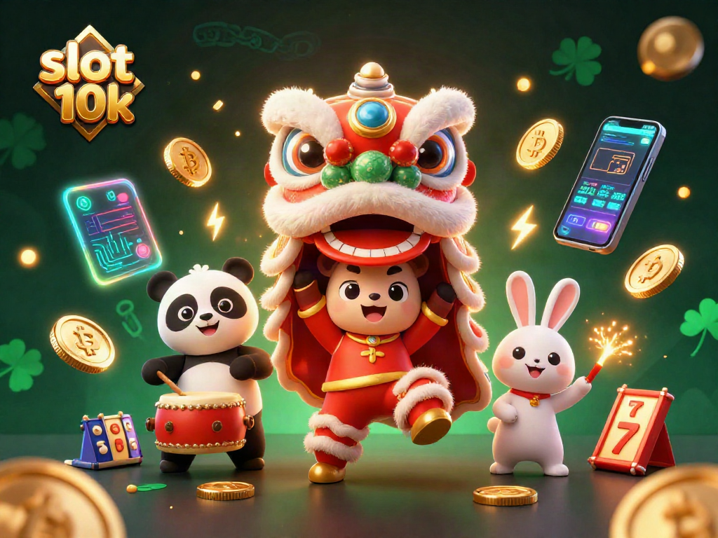 Experience slot 10k excitement with a vibrant 3D casino-themed illustration featuring festive characters and crypto elements.