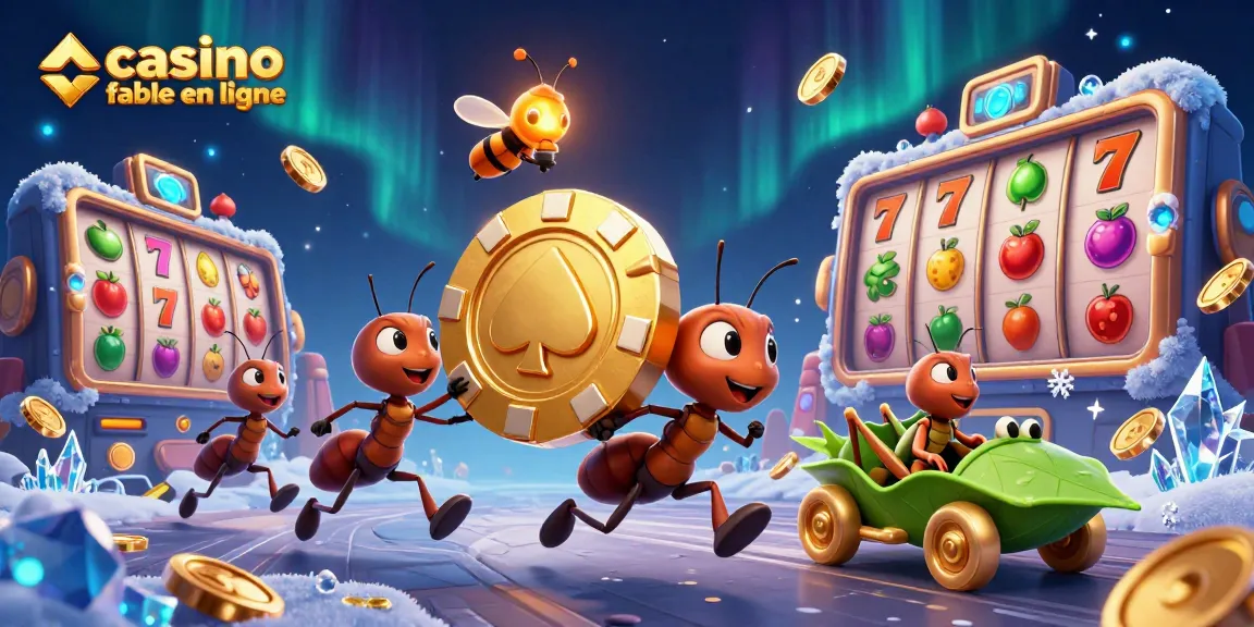 Illustration d'une équipe de fourmis transportant un jeton de poker en or pour un casino fiable en ligne