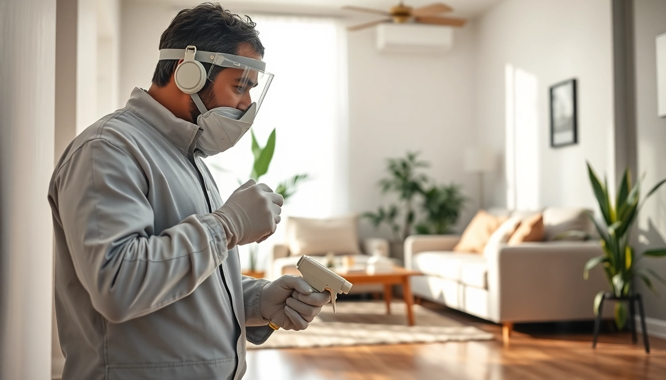 Applying safe indoor pest spray service in a clean, well-lit home environment.