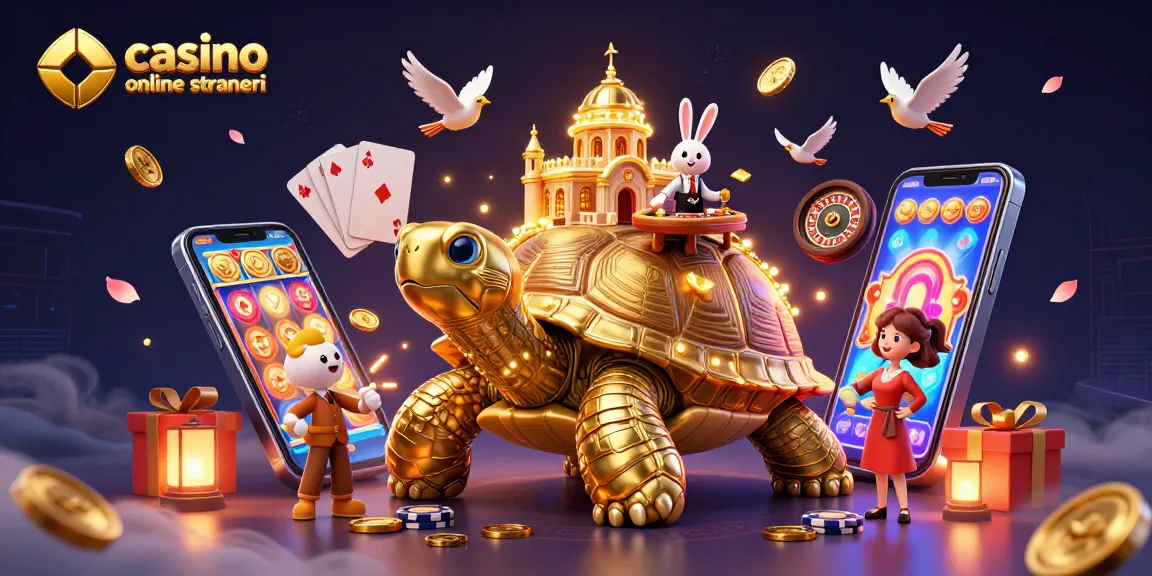 Scopri l'emozione con i casino online stranieri che presentano una vivace scena 3D di un casino con una tartaruga, un mazziere e monete volanti.