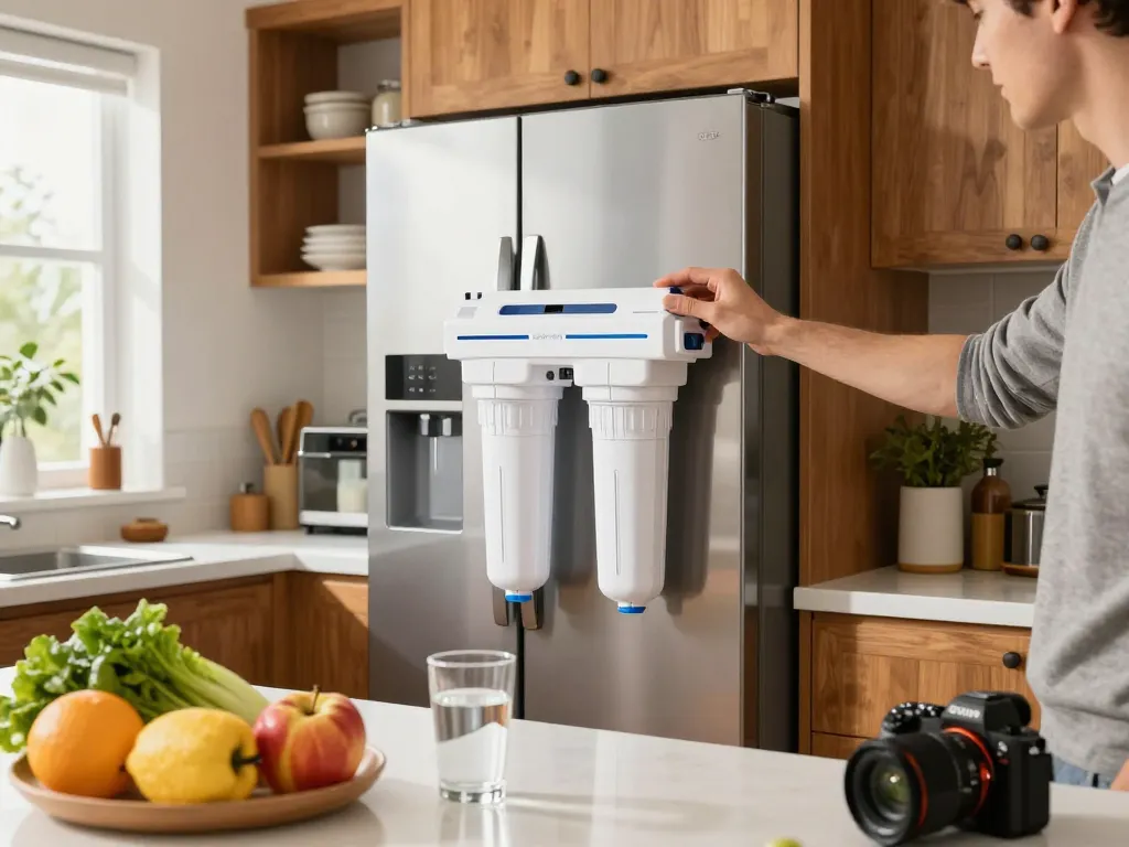 Installing Waterdrop Plus UKF7003 Replacement for Maytag® UKF7003 filter in a stylish kitchen, emphasizing clean water benefits.