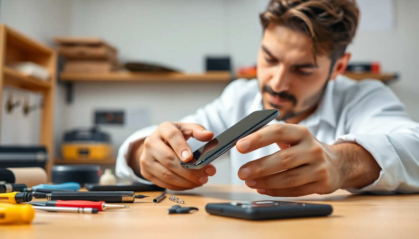 Reset telefonu - technik naprawy smartfona pracujący przy stole warsztatowym.