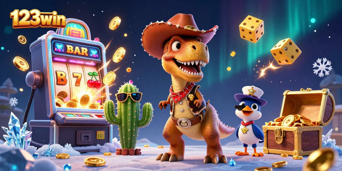 Experience exhilarating wins with 123win in this vibrant casino-themed cartoon illustration.