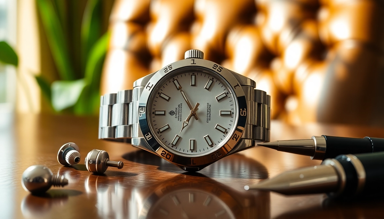 Showcasing a Rolex replica watch with luxury accessories for an elegant atmosphere.