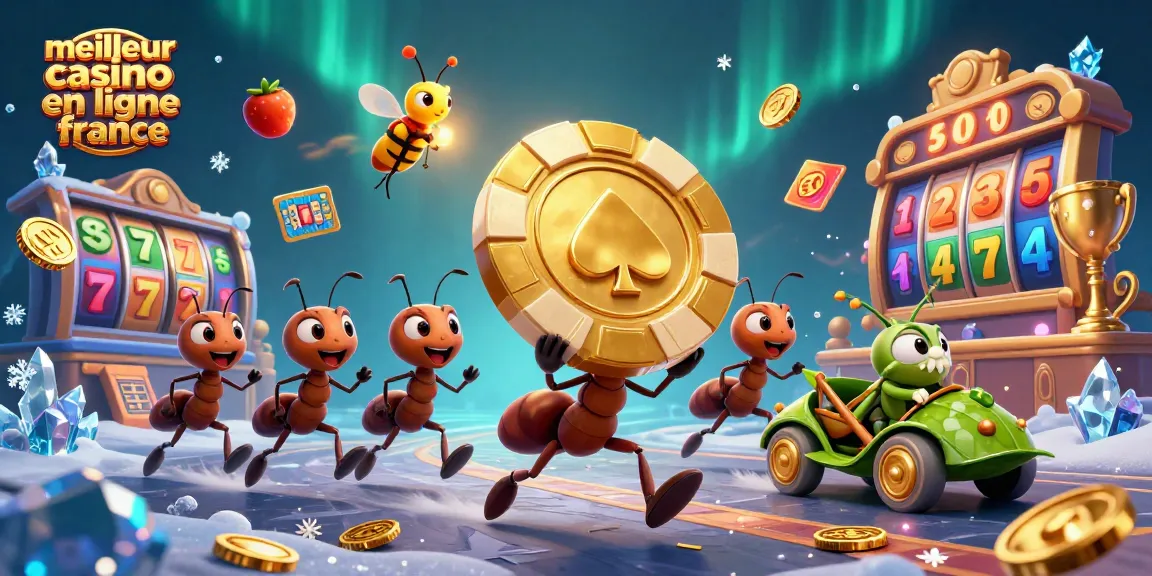Découvrez le meilleur casino en ligne France avec des fourmis et un chip de poker d'or dans une scène dynamique.