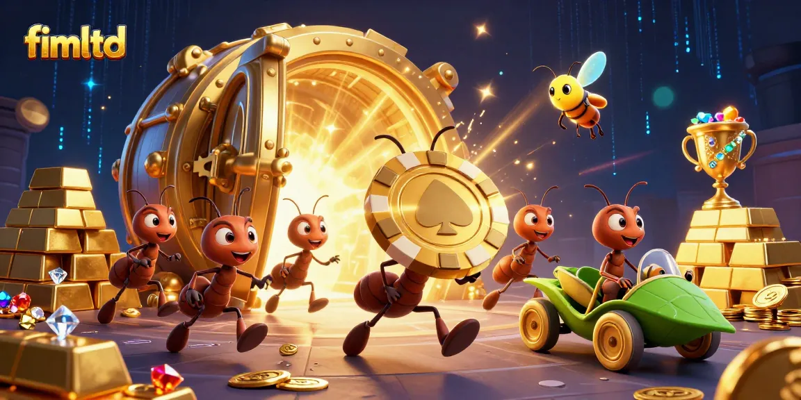 Experience thrilling wins at fimltd with a heist scene featuring cartoon ants and vibrant casino treasures.