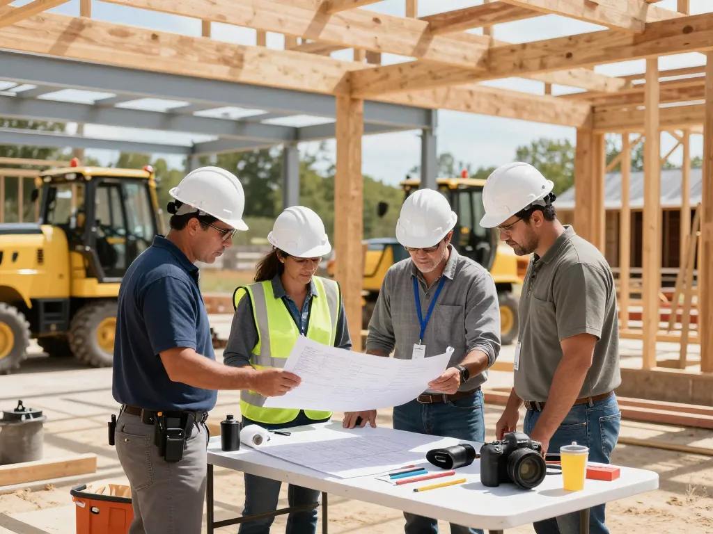 Maine commercial construction team collaborating on site with blueprints and materials.