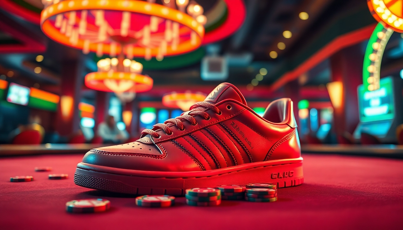 Reusenation.com/products/adidas-adiprene-sneakers-mens-11-p-6 sneakers on a casino table with vibrant lights.
