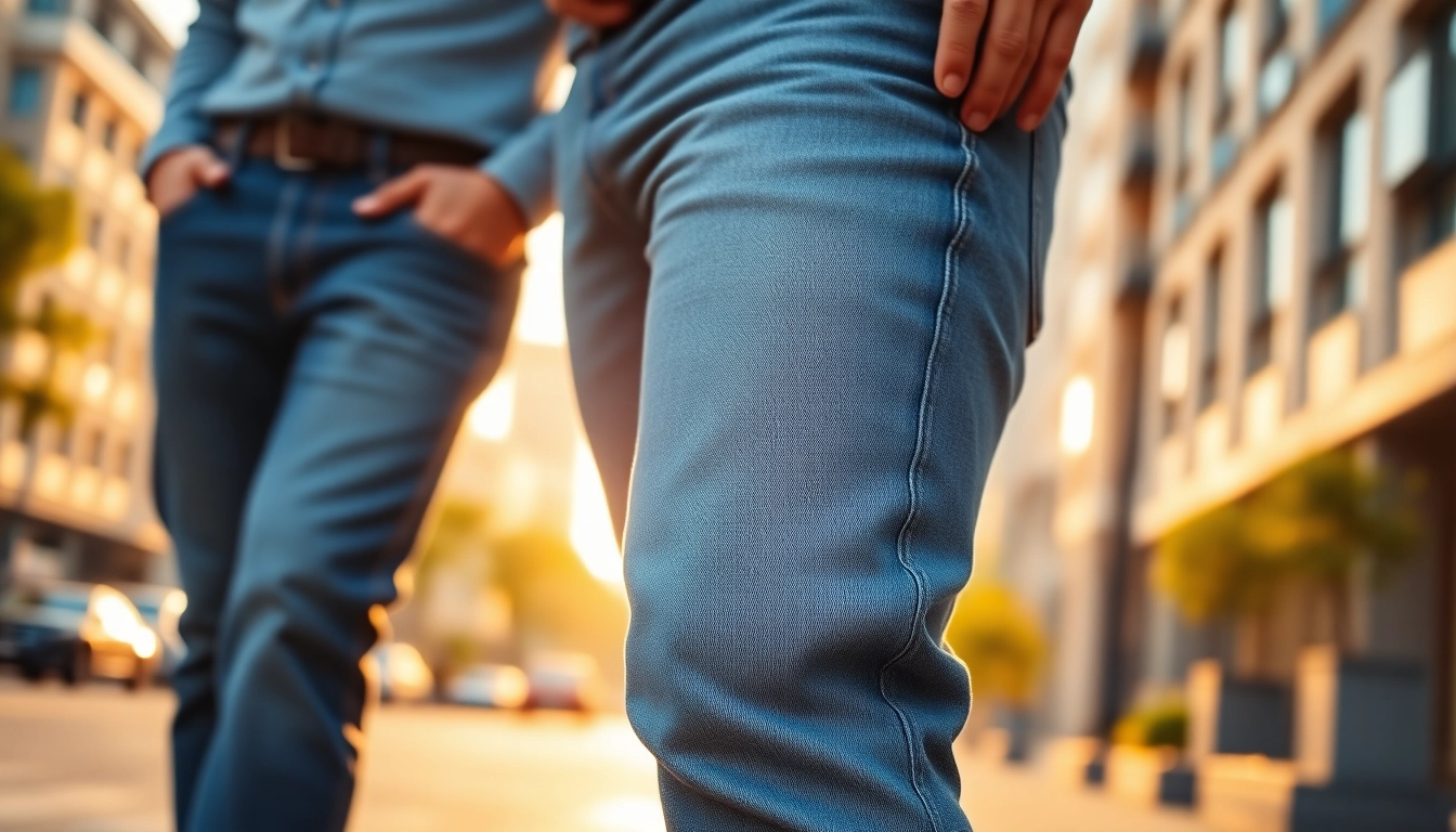 Model sporting mens stretch jeans in an urban setting, showcasing style and comfort.