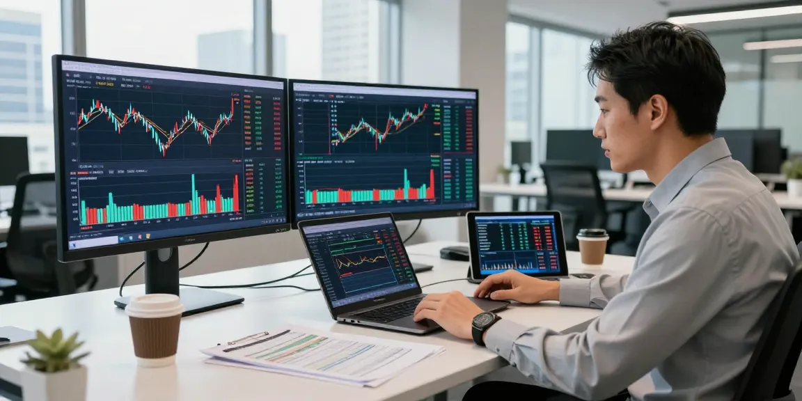 S&P 500 live chart analysis in a modern business environment with financial data displayed on multiple screens.