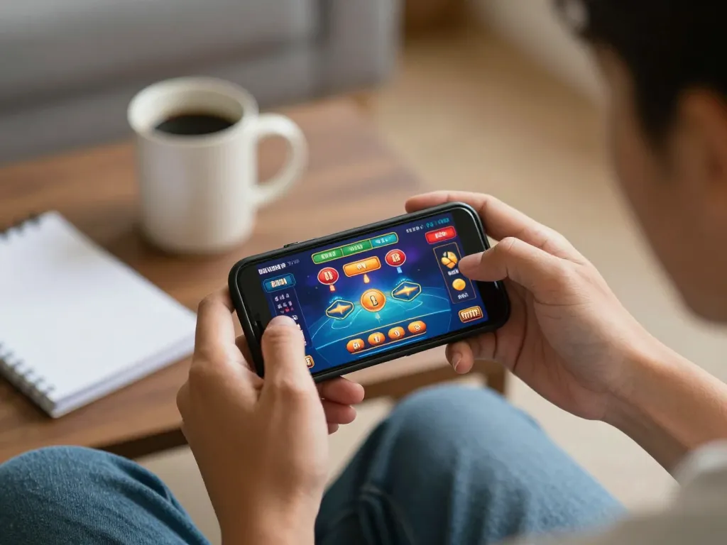 Player enjoying online casino games on mobile with manclub app in a cozy setting.