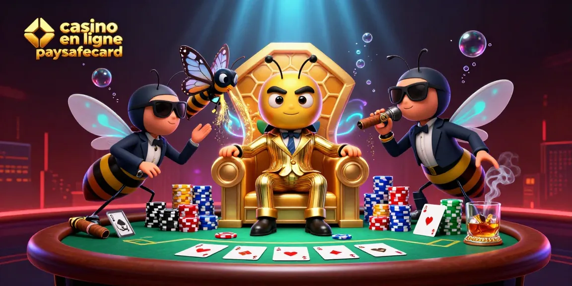 Visualisez un casino en ligne paysafecard avec un boss abeille et des gardes, entourés de jeux de cartes