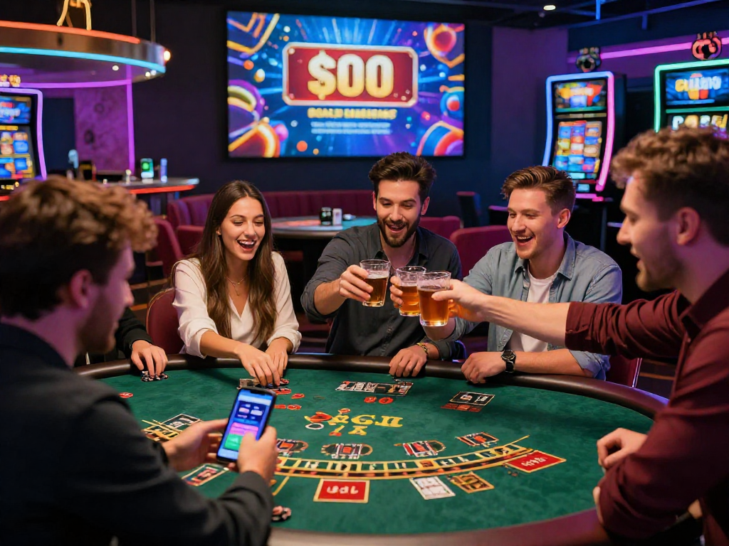 Exciting scene showcasing top rated EU casinos where friends play at a vibrant gaming table.