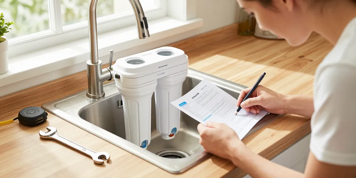 Homeowner installing the Waterdrop FQK1R, GXULQR Under Sink Replacement Filter in a modern kitchen, showcasing home improvement.