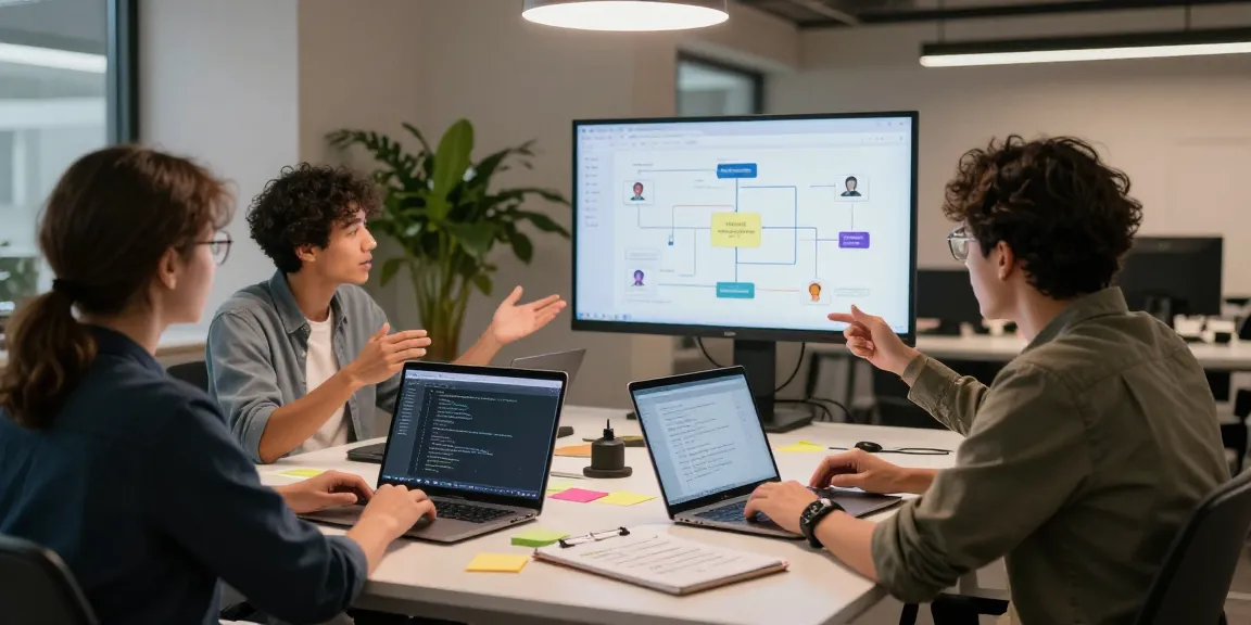 Kobold AI developers collaborating in a modern workspace, showcasing innovative chatbot technologies with engaging discussions and coding activities.