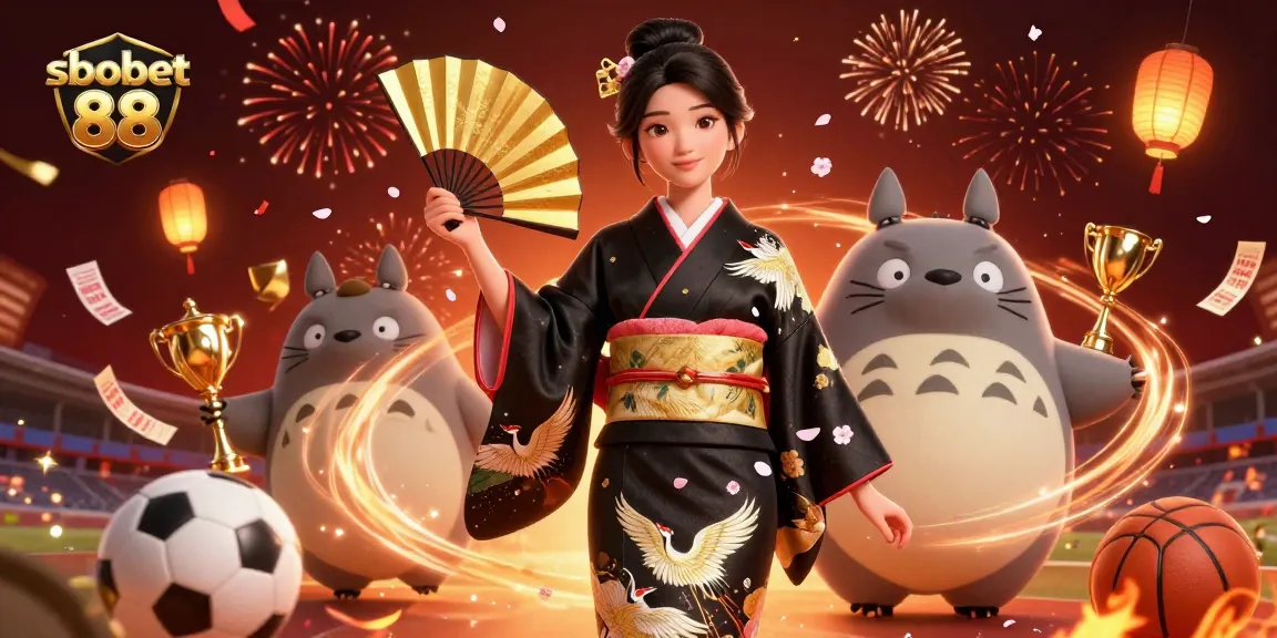 Simplifying sbobet 88: Engaging sports betting elements with traditional Asian style in vibrant 3D illustration.