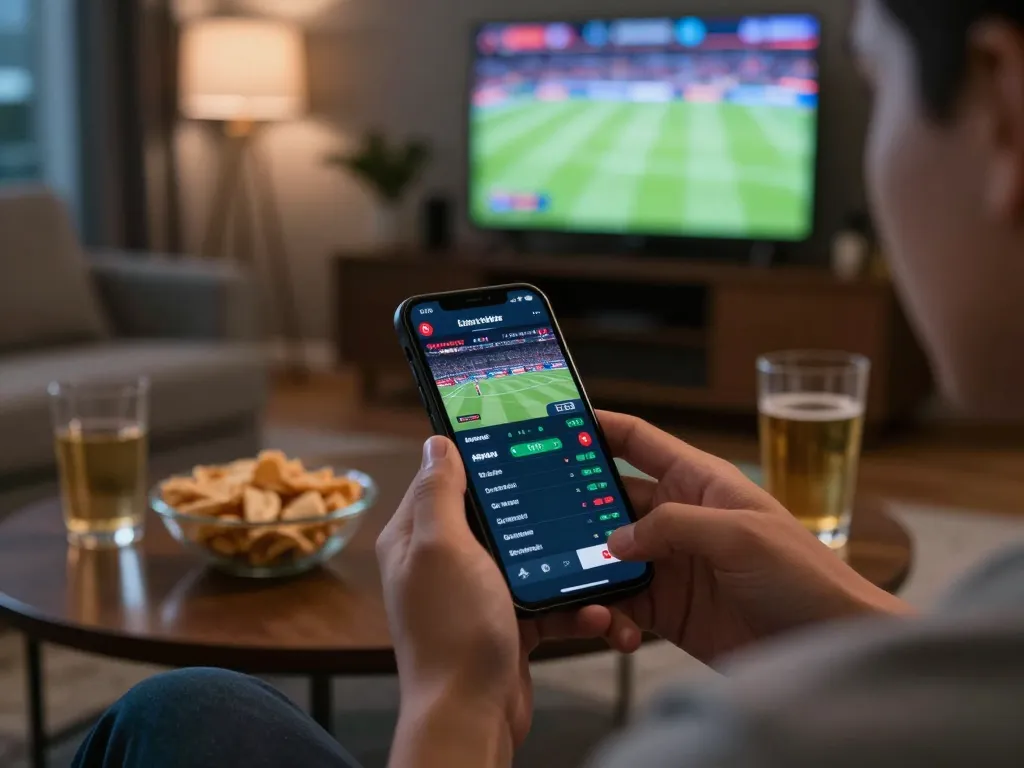 Engaging sports betting scene with Keonhacai app on smartphone amidst snacks and warm lighting.