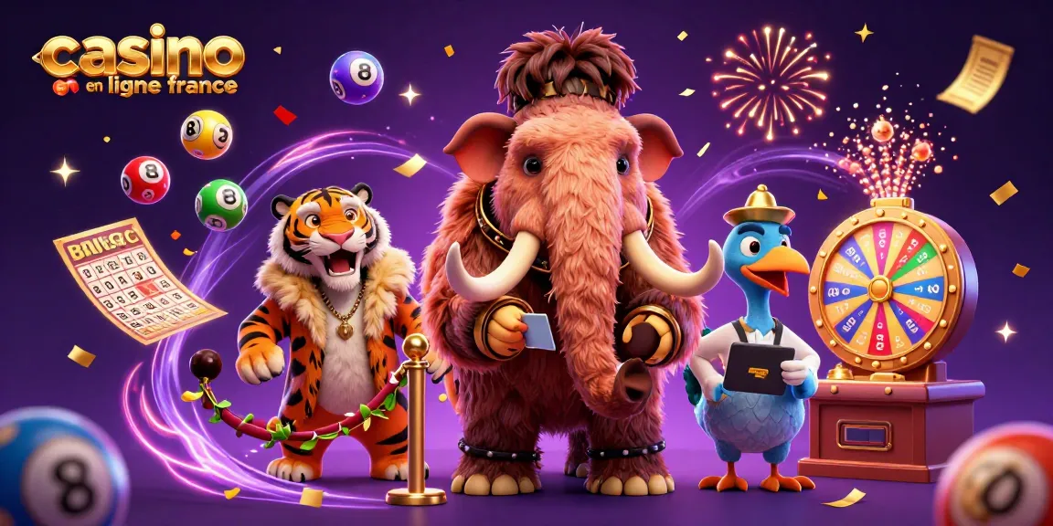 Visuel dynamique de casino en ligne France avec mammouth, tigre et oiseau en action.
