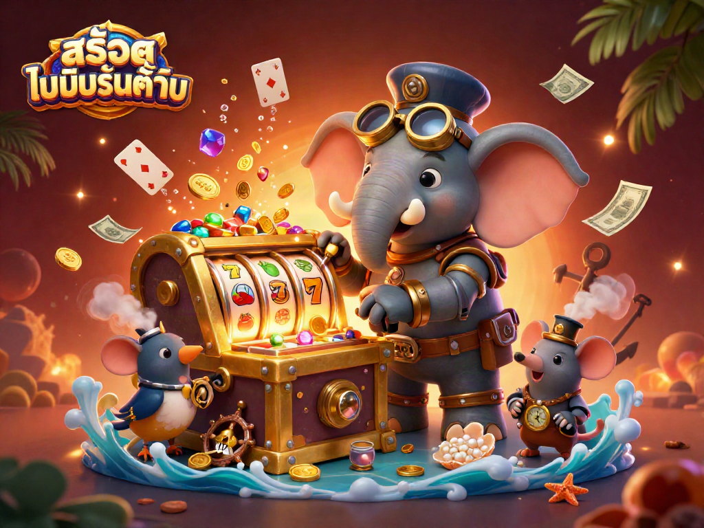 Engage with สล็อตไม่มีขั้นต่ำ through a vibrant 3D illustration featuring steampunk characters and casino elements.